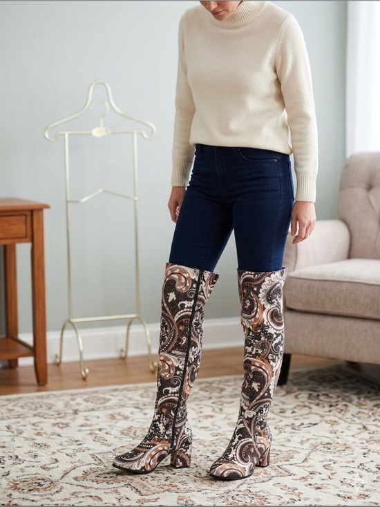 ruiee Shoes - Over-the-Knee Paisley Print Boots in Black & Brown Ruiee Brand New never worn!!